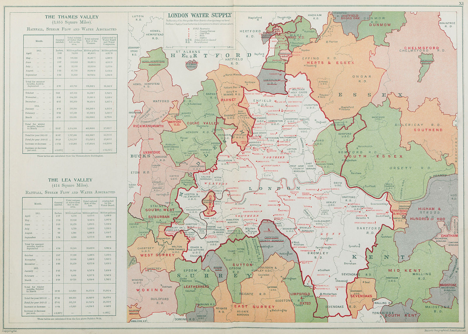 LONDON WATER SUPPLY. Metropolitan Water Board. Reservoirs Pumping Stns 1920 map